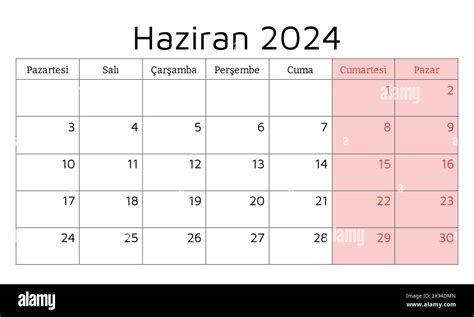 June 2024 Turkish Calendar Haziran Vector Illustration Monthly