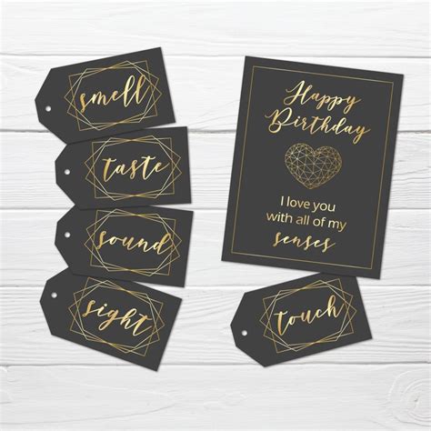 5 Senses Birthday Gift Tags Printable Black And Gold Gift Etsy