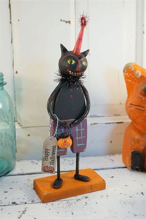 Halloween Decor Halloween Folk Art Black Cat Vintage Etsy