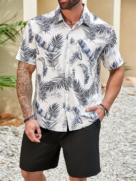 Manfinity Rsrt Men S Plus Size Plant Print Shirt And Solid Color Shorts