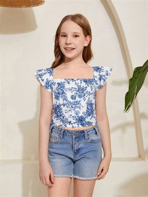 Shein Tween Girl Floral Woven Print Square Collar Ruffle Hem Casual