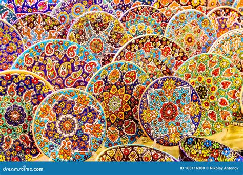 Traditional Arabic Colorful Ceramic Plates At Dubai Market Souk United