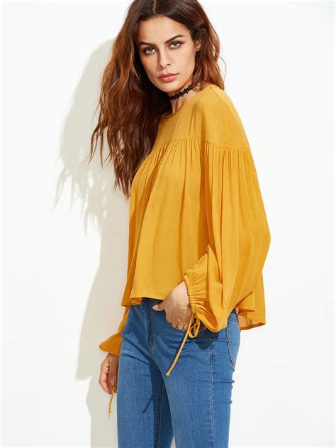 Lantern Sleeve Drawstring Cuff Blouse Shein Sheinside