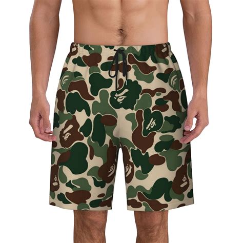 Green Camo Pattern Mens Quick Dry Short Swim Trunks With Mesh Lining