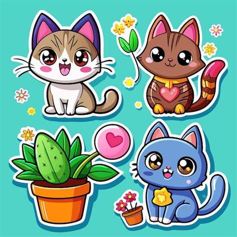 Adorables Gatos De Dibujos Animados Con Flores Y Plantas Vector