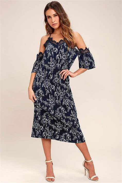 Lovely Navy Blue Dress Floral Print Dress Off The Shoulder Dress