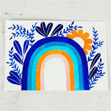 Watercolor Painting Illustration Of A Rainbow And A Botanical Drawing