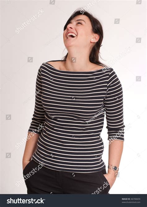 Portrait Attractive Laughing Brunette Wearing Stripped Stock Photo 46700659 Shutterstock