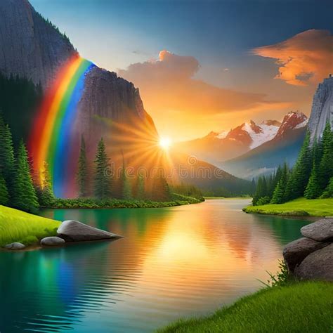 Fondo De Paisaje Natural. Arco Iris Y Lago. Stock de ilustración ...