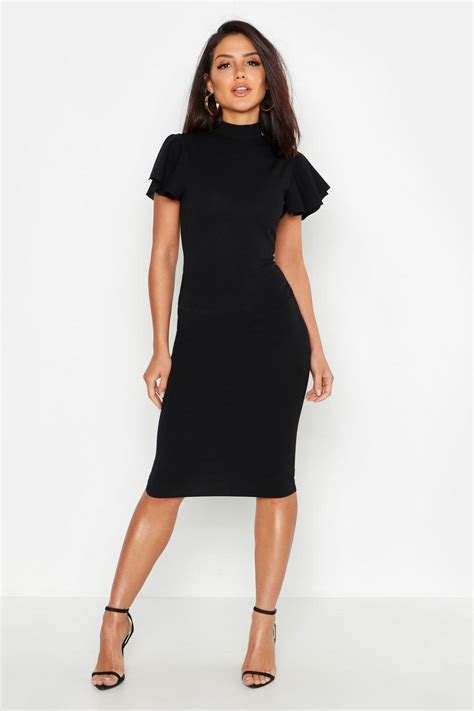 Basic High Neck Frill Sleeve Midi Dress Boohoo Uk