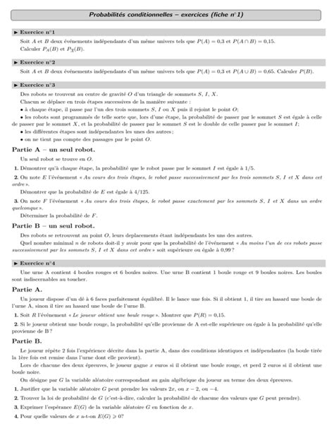 Probabilités conditionnelles exercices fiche n Partie A un seul