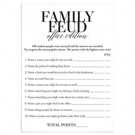 Office Family Feud Questions and Answers Printable | Office Party Games ...