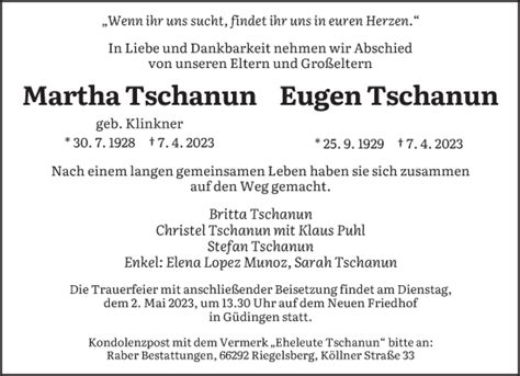 Traueranzeigen Von Martha Und Eugen Tschanun Saarbruecker Zeitung