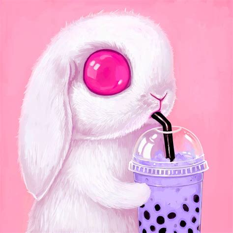 Bunny Art Print Kawaii Art Pop Surrealism Big Eyes White Rabbit Bubble Tea Creepy Cute