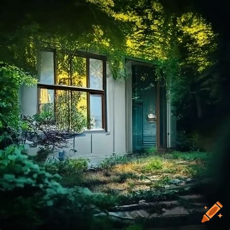 House Surrounded By Trees And Flowers At Dawn On Craiyon