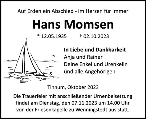 Traueranzeigen Von Hans Momsen Sh Z Trauer