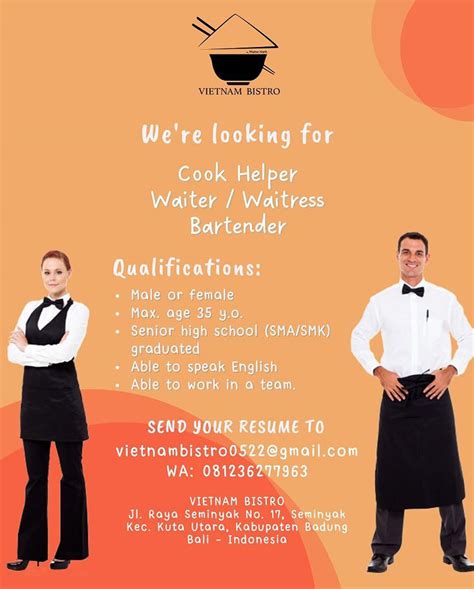 Lowongan Kerja Cook Helper Waiter Waitress Dan Bartender Untuk