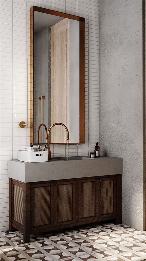 A Bathroom With A Sink Mirror And Tiled Flooring In White And Brown Colors