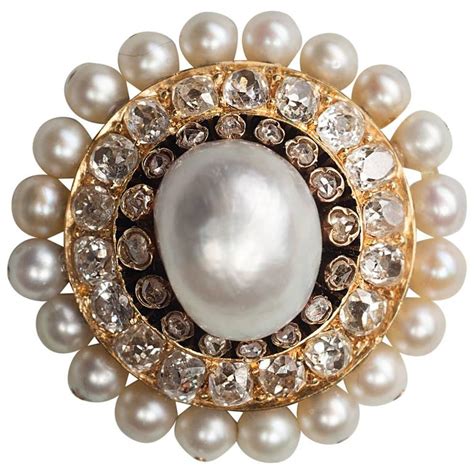 Victorian Natural Pearl Diamond Gold Round Brooch At 1stdibs