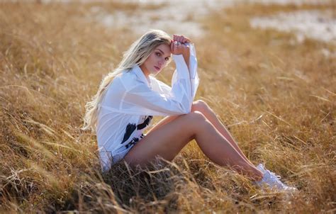 Wallpaper Grass Look Girl Pose Feet Blonde Blouse Long Hair For