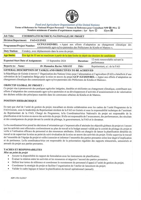 AVIS DE RECRUTEMENT D UN COORDINATEUR TRICE NATIONAL E DU PROJET