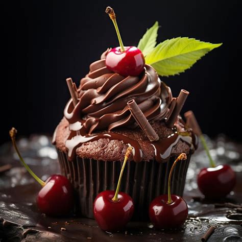 Premium Ai Image Chocolate Cupcake With Frosting And Cherries Food