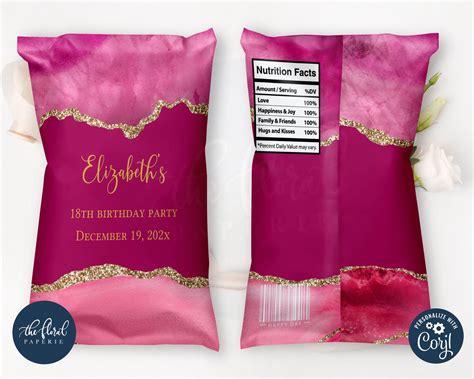 Pink And Gold Chip Bag Template Editable Potato Chip Bag Wrapper