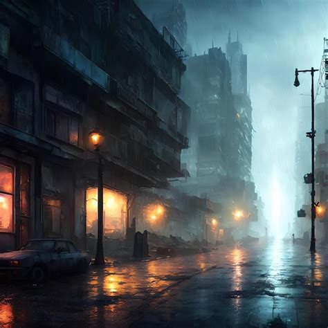 Premium Photo Post Apocalyptic City At Raining Night Generative Art By Ai