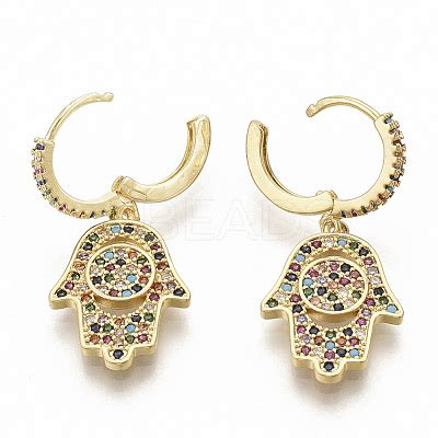 Wholesale Brass Micro Pave Colorful Cubic Zirconia Dangle Hoop Earrings