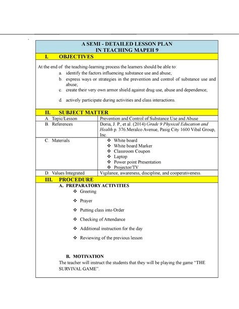 Lesson Plan In Mapeh 9 Semi Detailed Lesson Plan In Mores Eroppa