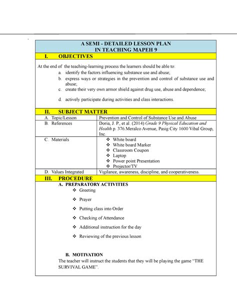 Semi Detailed Lesson Plan A Semi Detailed Lesson Plan In Teaching Mapeh 9 I Objectives At