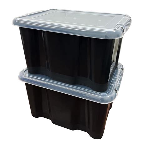 24 Litre Large Black Plastic Storage Box With See Through Lids