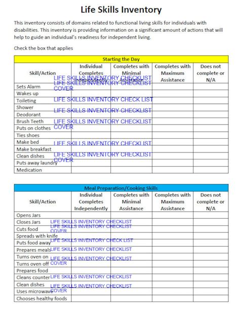 Life Skill Inventory Checklist Life Skills Assessment Transition