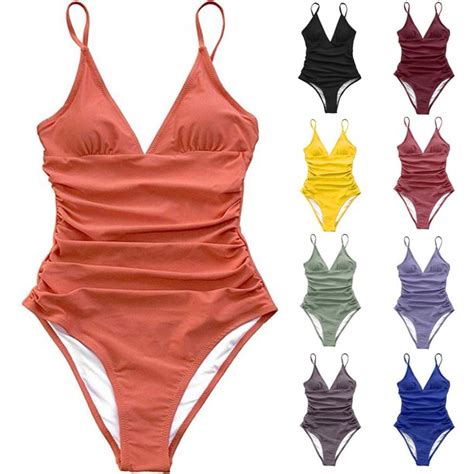 Wgoup Women Swimwear V Neck Solid Color Ruffled One Piece Swimsuit