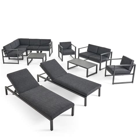 Nealie Outdoor 9 Seater Aluminum Sectional Sofa Set With Mesh Chaise L