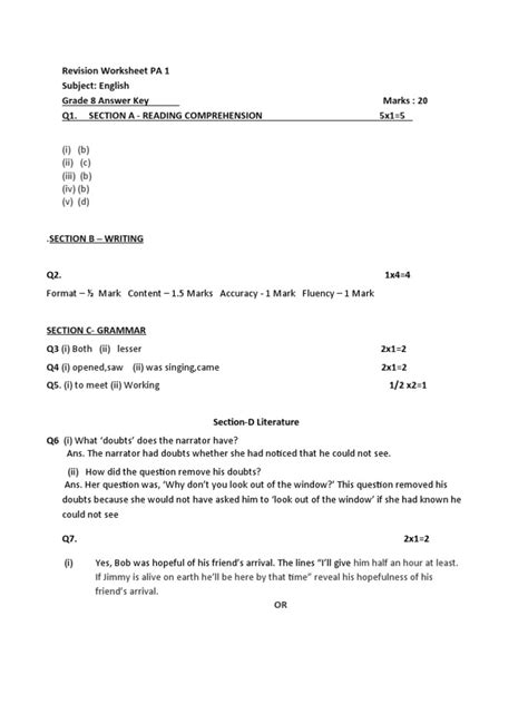 Revision Worksheet Answer Key Grade 8 Pa1 Pdf