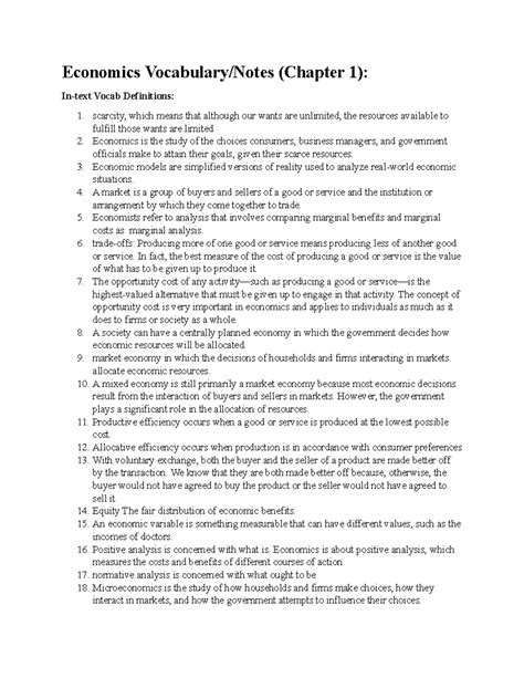 Economics Vocabulary And Notes Chapter 1 Economics Vocabularynotes