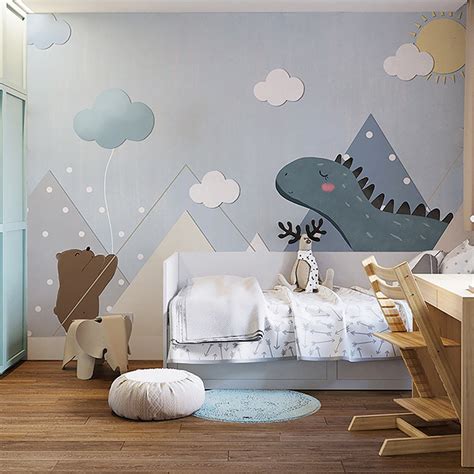 Full Illustration Simple Wall Mural Kid's Bedroom Cartoon Dinosaur in Blue - Clearhalo