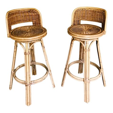 Vintage Boho Rattan And Bamboo Swivel Bar Stools A Pair Chairish