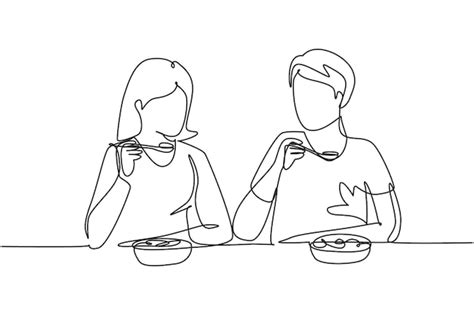 Premium Vector Single Continuous Line Drawing Couple Having Salad