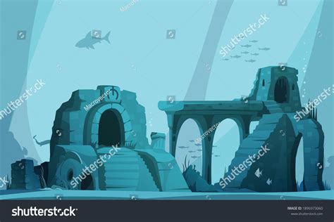 Underwater Landscape Ancient Ruins Flooded Atlantis Stock Vector