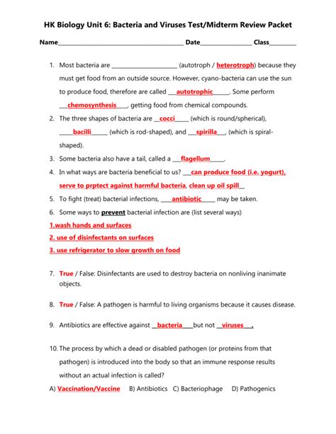 Unit 6 Bacteria Nd Viruses Review Sheethonors Answer Key