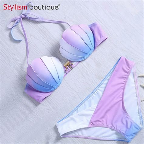 Mermaid Shell Bra Push Up Two Piece Suit Swimwear Gradient Color Beachwear Sexy Bikinis Set