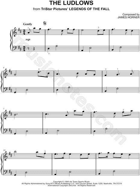 The Ludlows From Legends Of The Fall Sheet Music Easy Piano Piano Solo In D Major