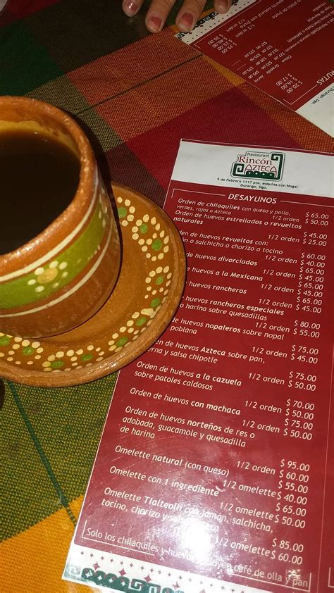 Carta de Restaurant Rincón Azteca Durango Calle 5 de Febrero 1117