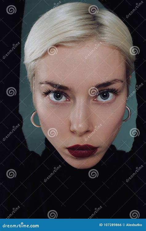 Beautiful Blonde Girl With Red Lipstick And Dramatic Emotions Stock Photo Image Of Caucasian