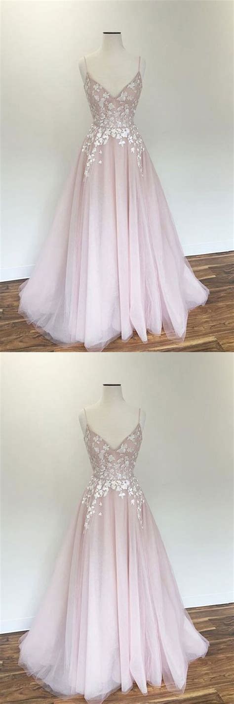 Light Pink V Neck Tulle Applique Long Prom Dress Pink Evening Dress