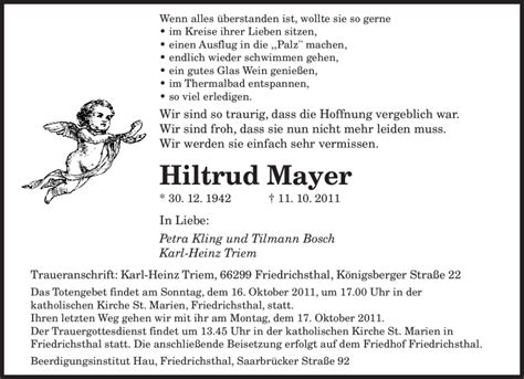 Traueranzeigen Von Hiltrud Mayer Saarbruecker Zeitung Trauer De