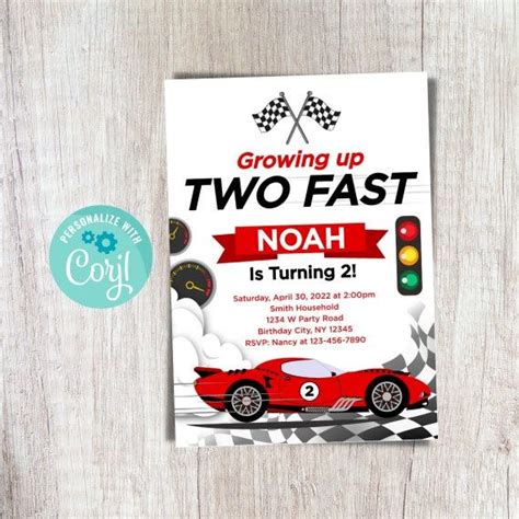 Editable Growing Up Two Fast Birthday Racing Race Car Birthday Etsy