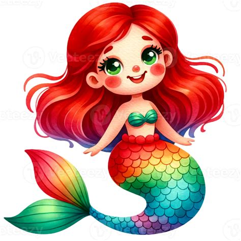 Ai Generated Watercolor Cute Red Haired Rainbow Mermaid Generative Ai 34951454 Png